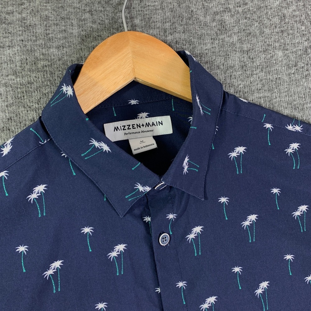 Mizzen Main Performance Shirt Men Medium Trim Blue Geometric Palm Trees Floral